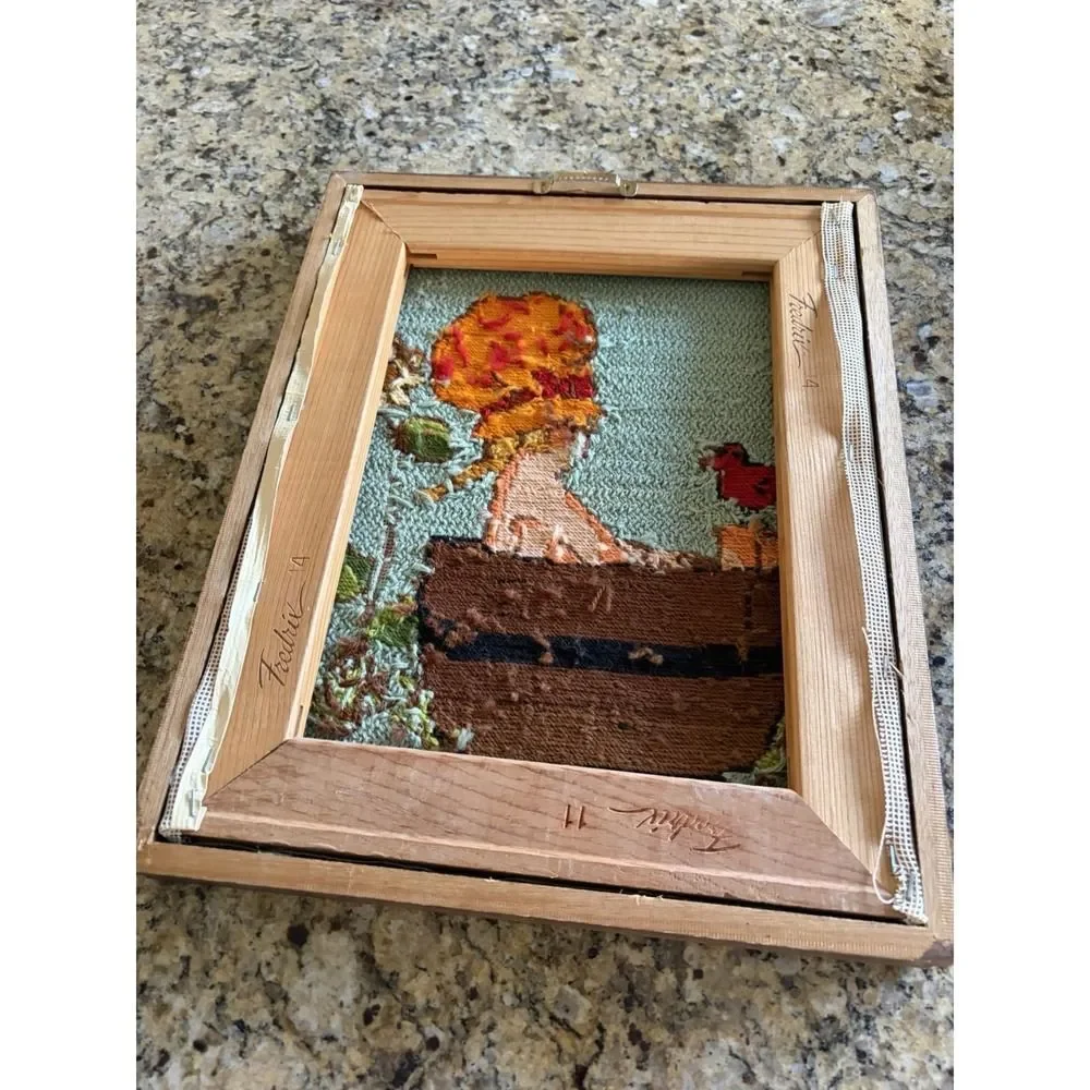 Vintage Needlepoint Finished Framed Saturday Night Bath Girl Birth Bath